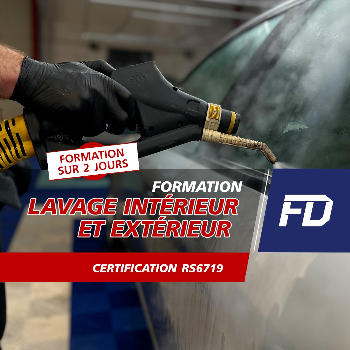 Nettoyage de vitre de voiture, formation et logo FD