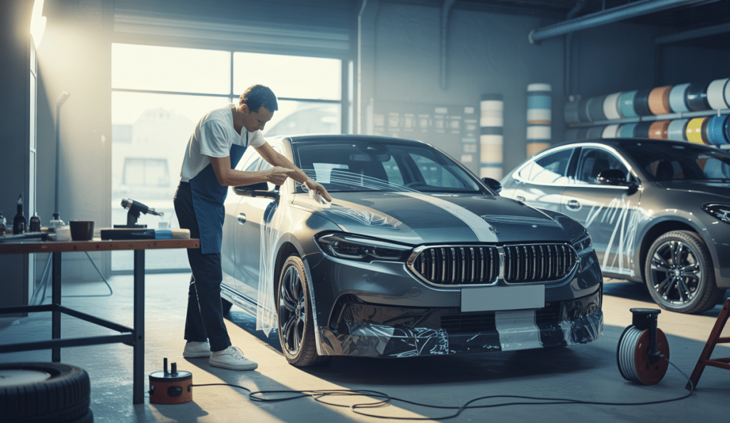 Apprenant posant un film adhésif de covering sur une voiture moderne dans un atelier professionnel lumineux