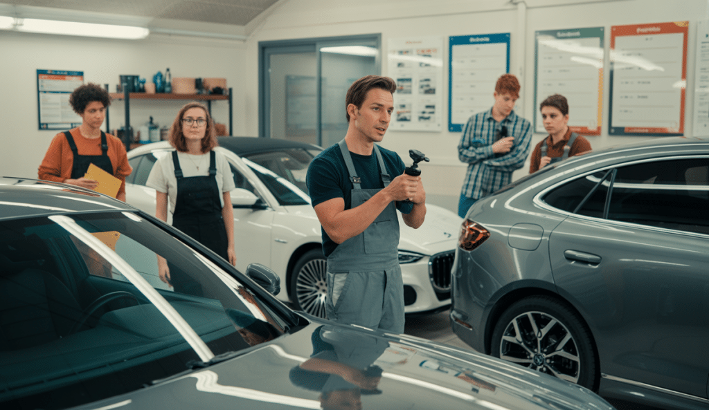 Un formateur professionnel enseignant les techniques de detailing automobile à un groupe d’apprenants dans un atelier moderne avec des outils professionnels, supports pédagogiques, et matériel de nettoyage et polissage sur plusieurs véhicules réels, dans une ambiance dynamique et sereine.